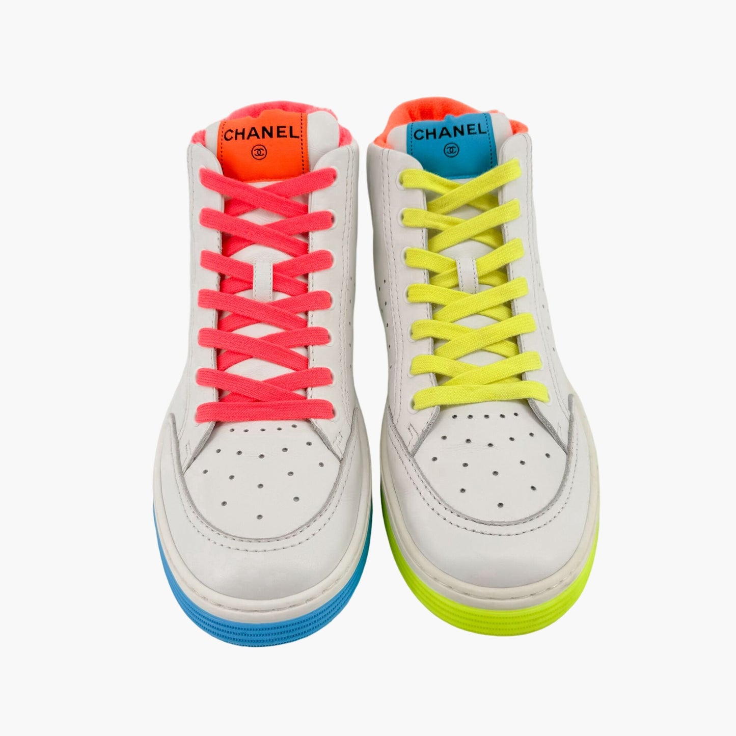 Chanel High Top Neon Accent Sneakers in White Leather Size 42