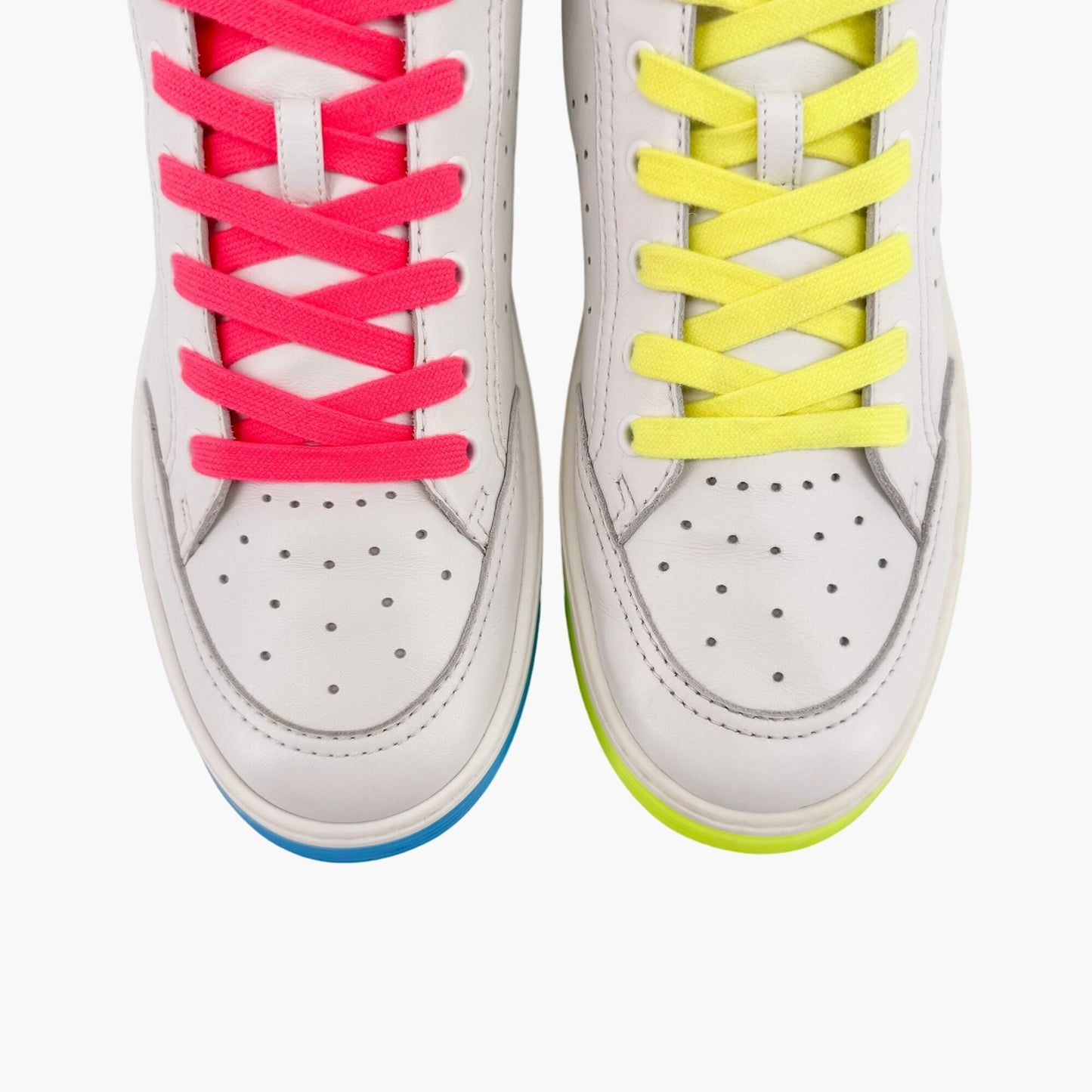 Chanel High Top Neon Accent Sneakers in White Leather Size 42