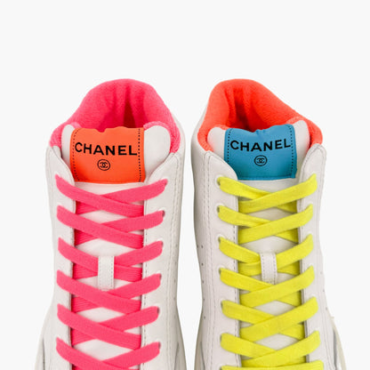 Chanel High Top Neon Accent Sneakers in White Leather Size 42