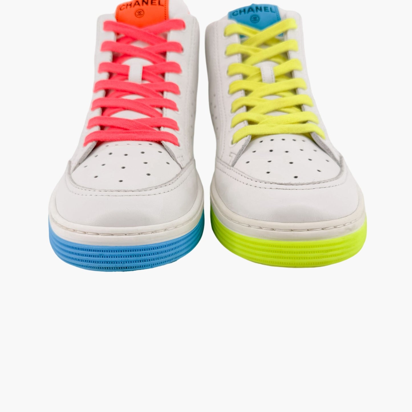 Chanel High Top Neon Accent Sneakers in White Leather Size 42