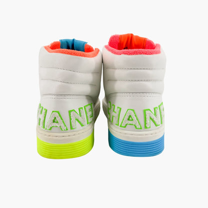 Chanel High Top Neon Accent Sneakers in White Leather Size 42