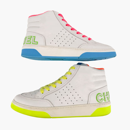 Chanel High Top Neon Accent Sneakers in White Leather Size 42