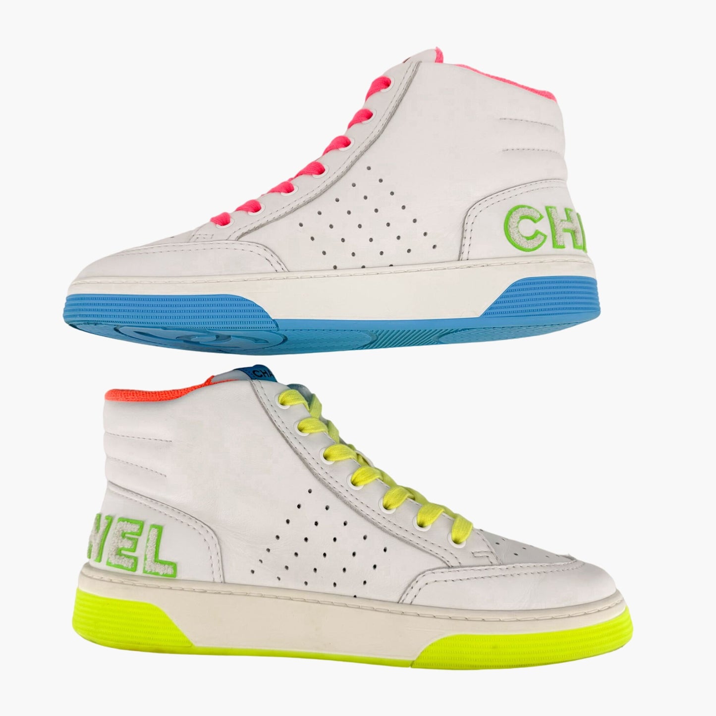 Chanel High Top Neon Accent Sneakers in White Leather Size 42