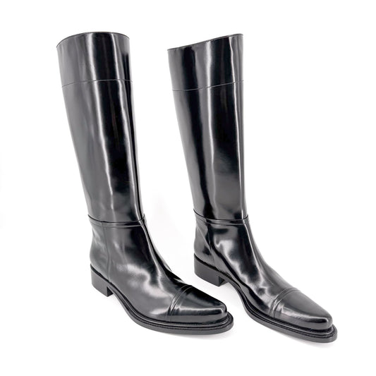 Prada Knee High Riding Boots Black Leather Size 40