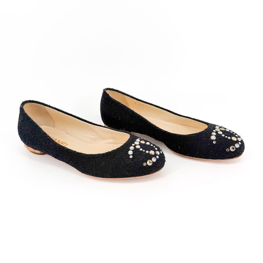 Chanel Crystal CC Ballet Flats Black Boucle Size 38