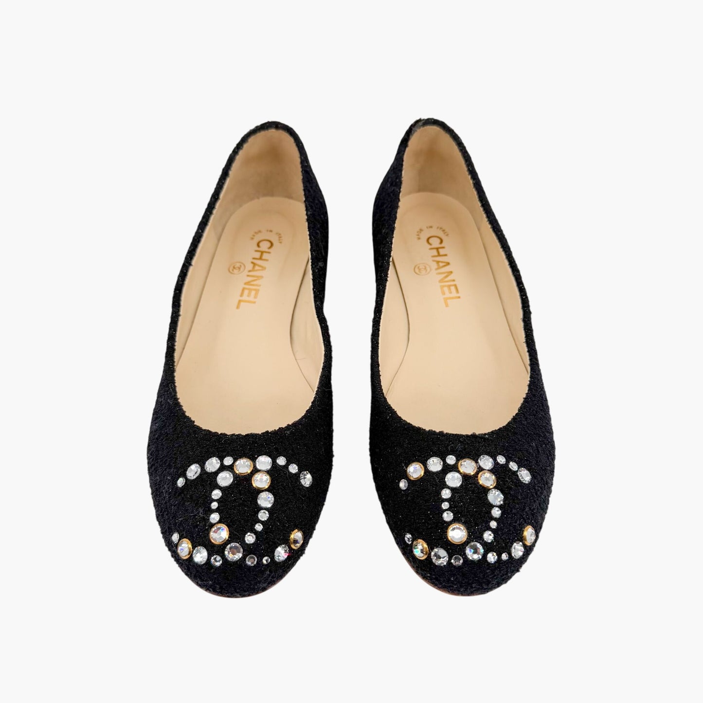 Chanel Crystal CC Ballet Flats Black Boucle Size 38