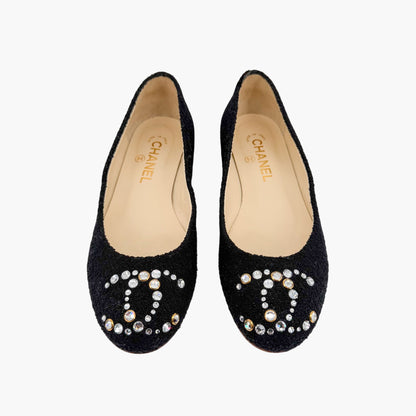 Chanel Crystal CC Ballet Flats Black Boucle Size 38