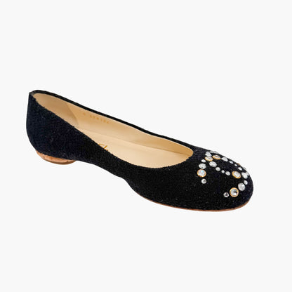 Chanel Crystal CC Ballet Flats Black Boucle Size 38