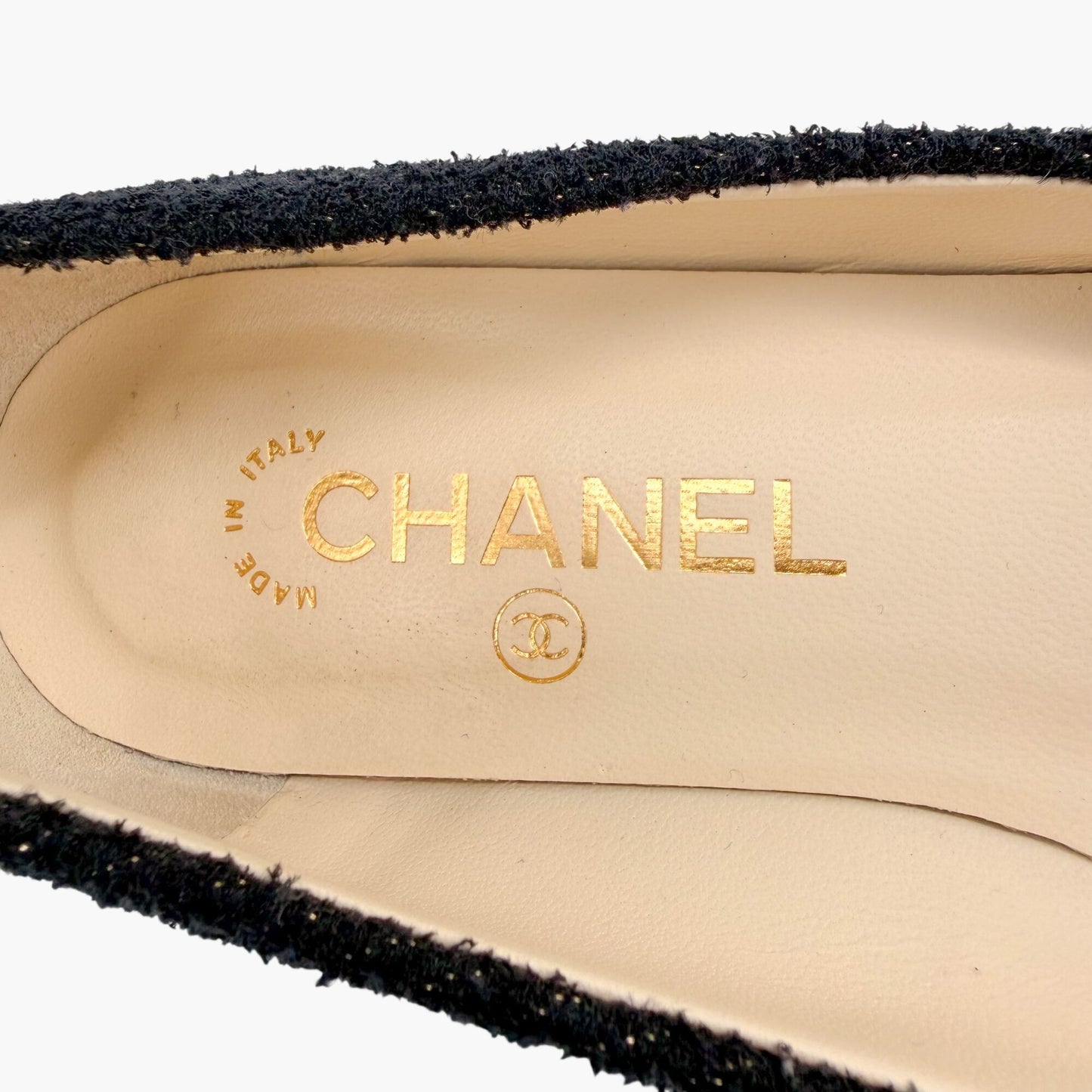 Chanel Crystal CC Ballet Flats Black Boucle Size 38