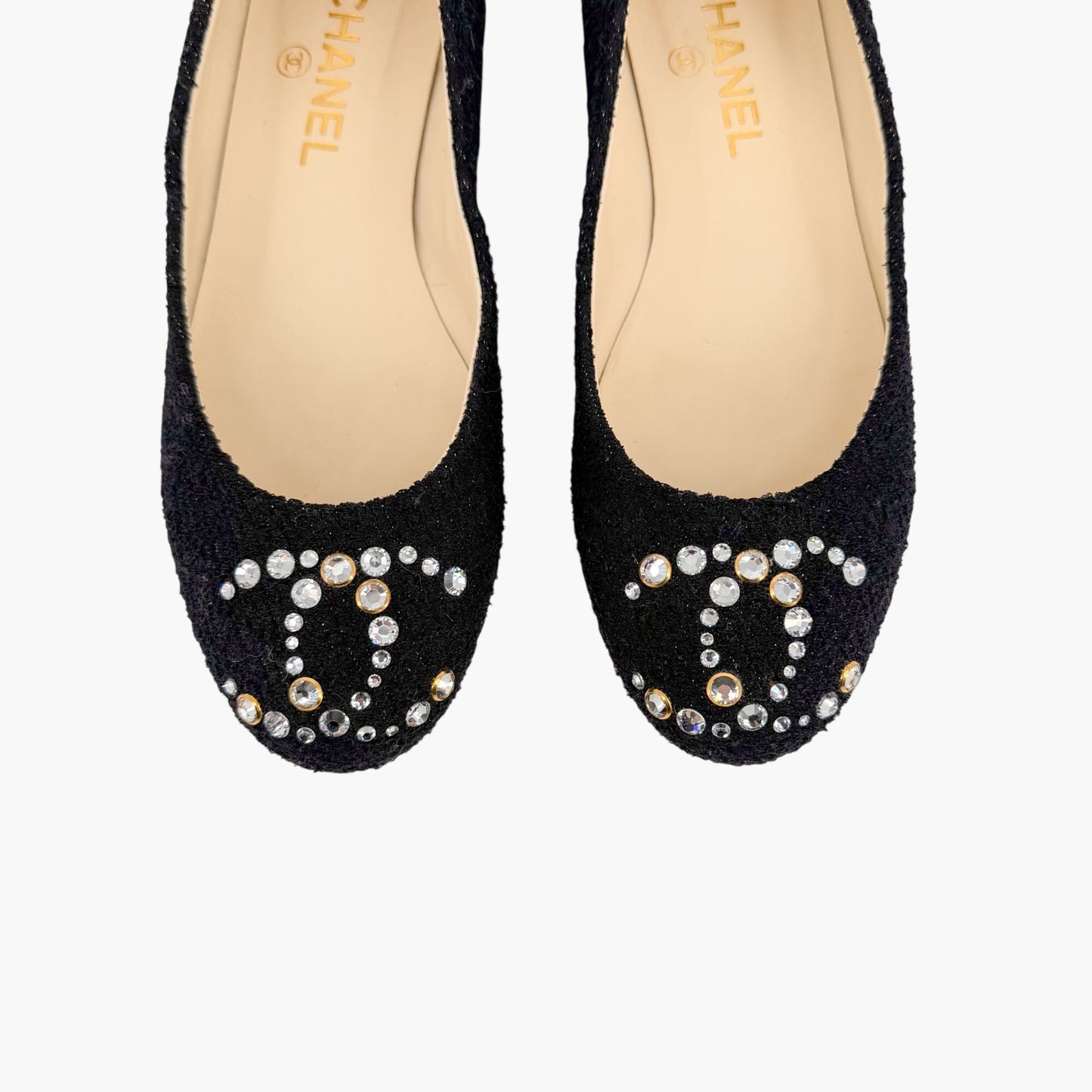 Chanel Crystal CC Ballet Flats Black Boucle Size 38