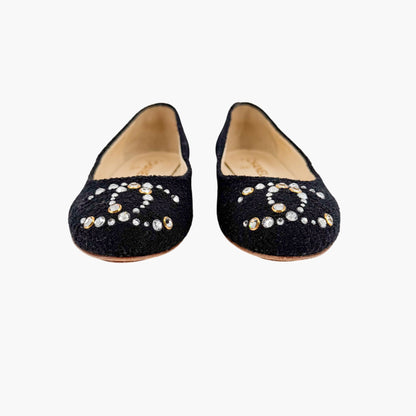 Chanel Crystal CC Ballet Flats Black Boucle Size 38