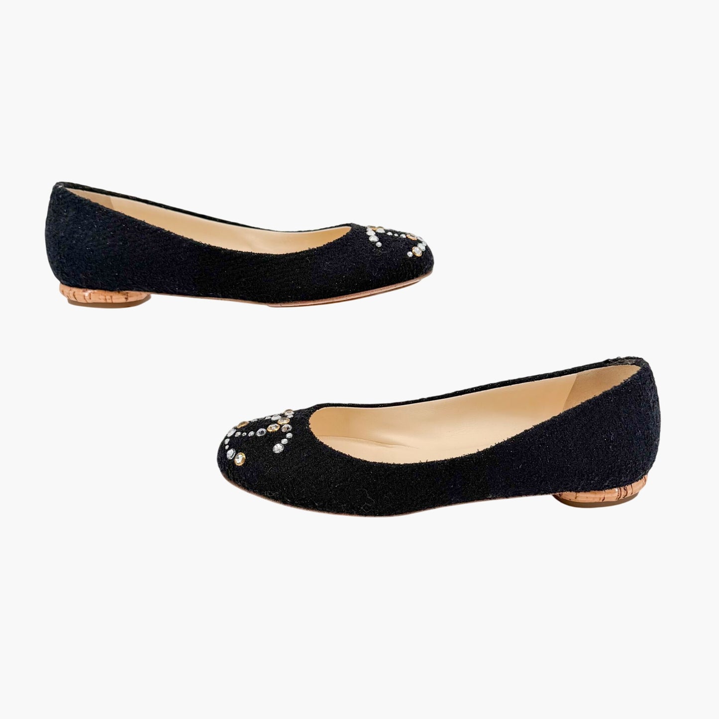 Chanel Crystal CC Ballet Flats Black Boucle Size 38