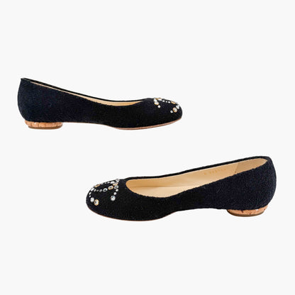 Chanel Crystal CC Ballet Flats Black Boucle Size 38