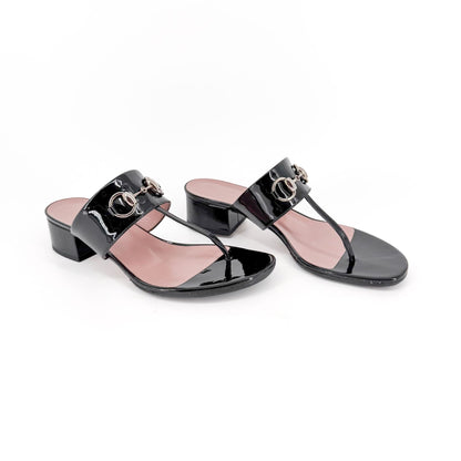 Gucci Lilane Horsebit Thong Sandals Black Patent Size 37