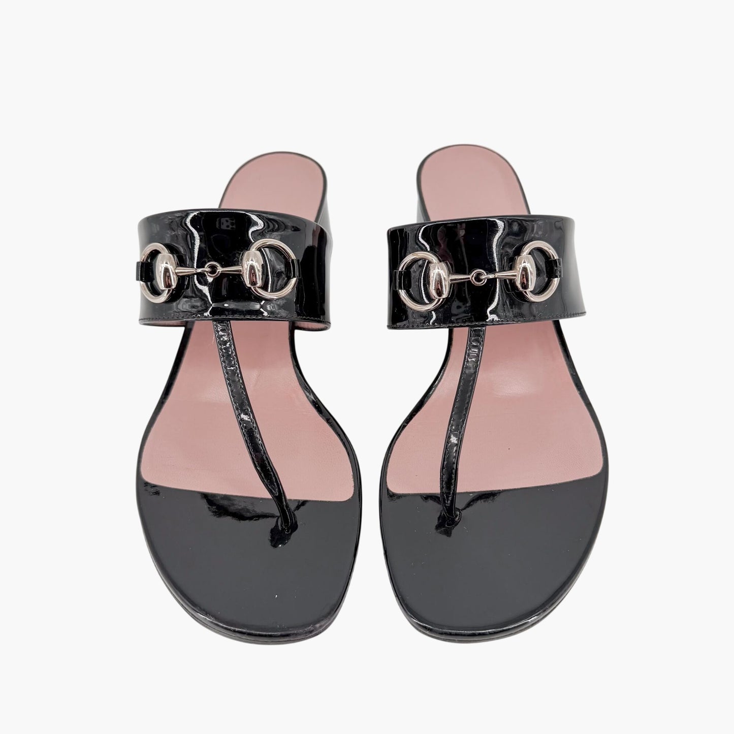Gucci Lilane Horsebit Thong Sandals Black Patent Size 37