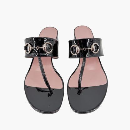 Gucci Lilane Horsebit Thong Sandals Black Patent Size 37