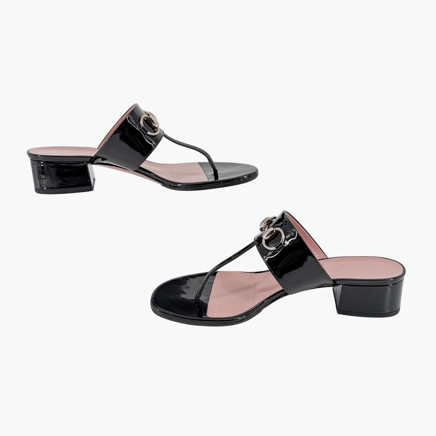 Gucci Lilane Horsebit Thong Sandals Black Patent Size 37