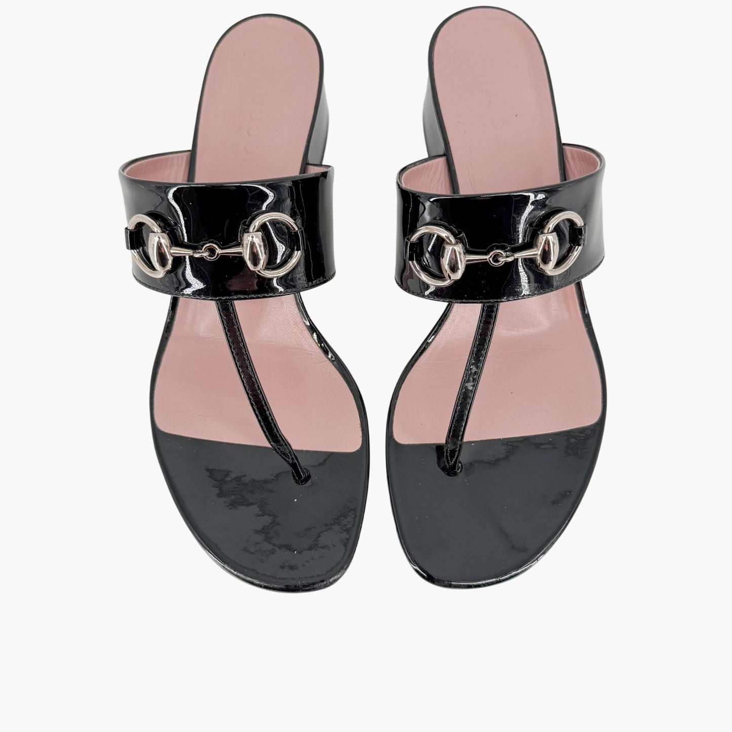 Gucci Lilane Horsebit Thong Sandals Black Patent Size 37
