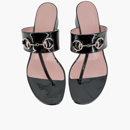 Gucci Lilane Horsebit Thong Sandals Black Patent Size 37
