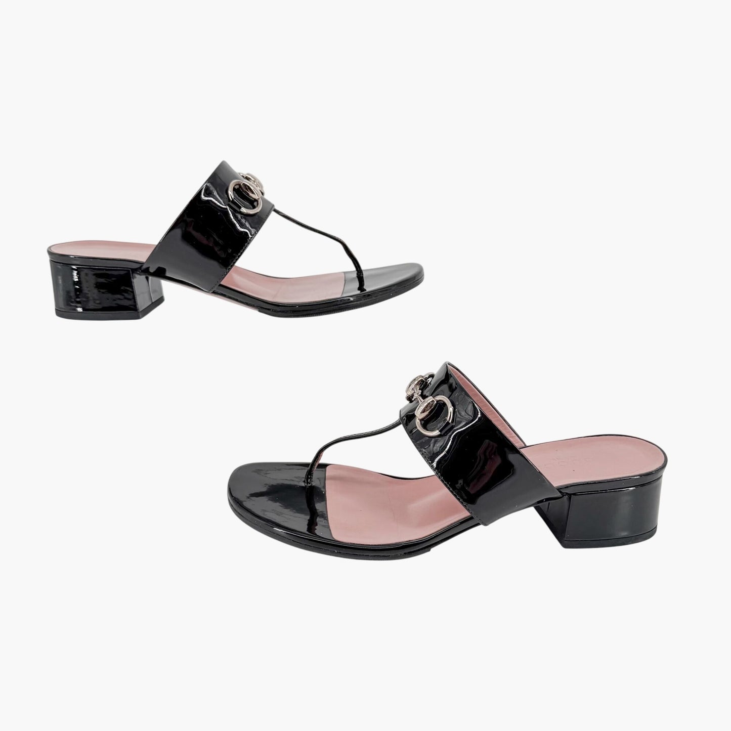 Gucci Lilane Horsebit Thong Sandals Black Patent Size 37