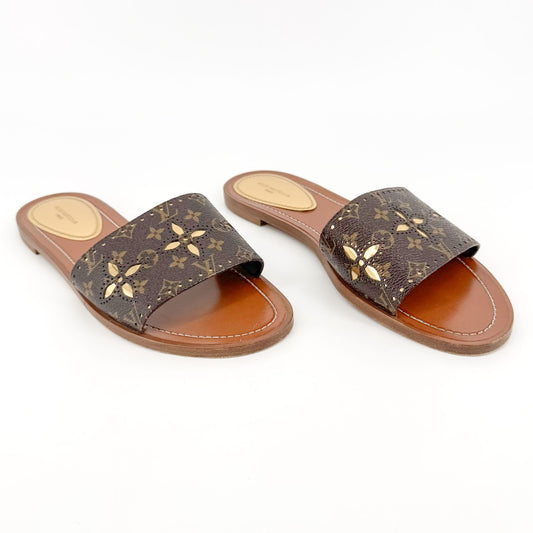 Louis Vuitton Lock It Flat Mule Sandals in Brown LV Monogram Canvas Size 39