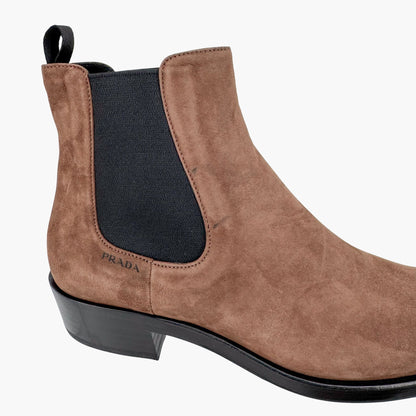 Prada Snip Toe Chelsea Ankle Boots in Brown Suede – Size 38