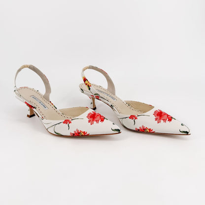 Manolo Blahnik Carolyne 50 Floral Satin Slingback Heels Size 40.5
