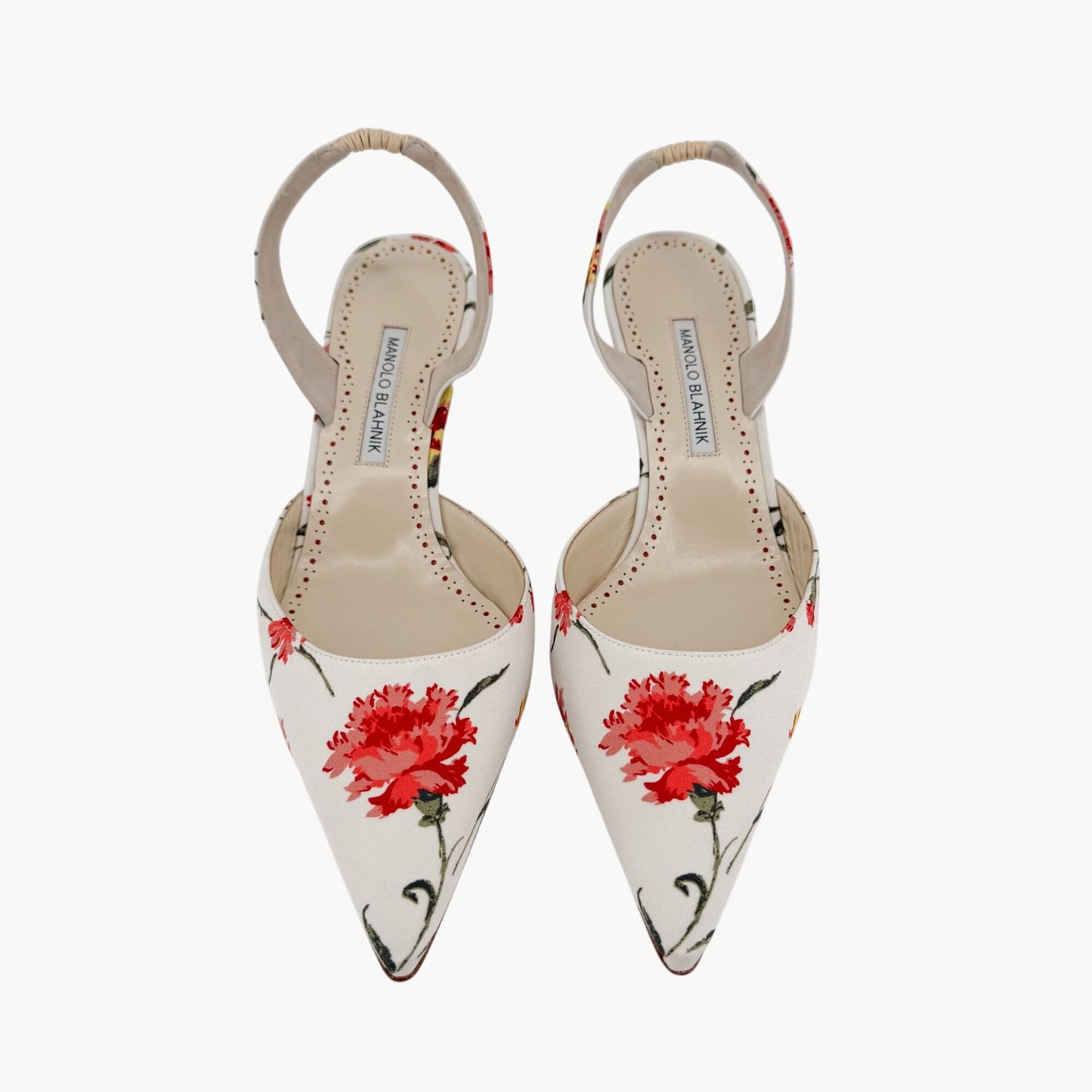 Manolo Blahnik Carolyne 50 Floral Satin Slingback Heels Size 40.5