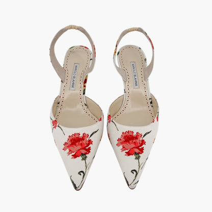 Manolo Blahnik Carolyne 50 Floral Satin Slingback Heels Size 40.5