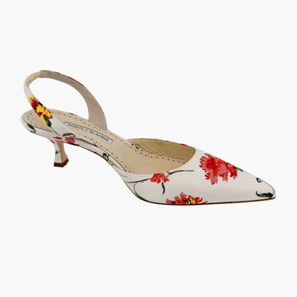 Manolo Blahnik Carolyne 50 Floral Satin Slingback Heels Size 40.5