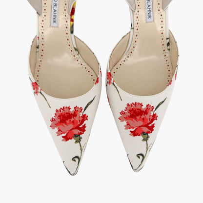 Manolo Blahnik Carolyne 50 Floral Satin Slingback Heels Size 40.5