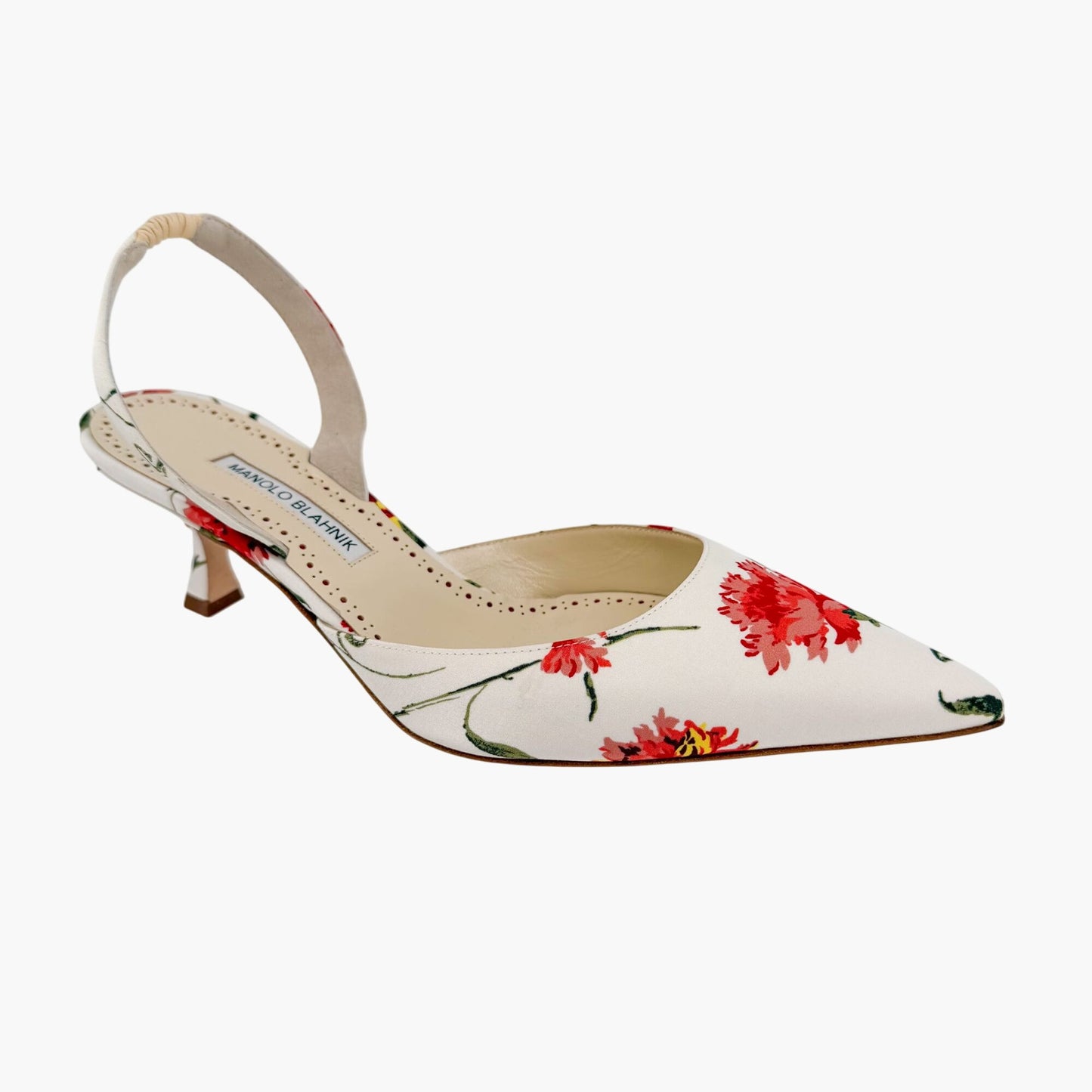 Manolo Blahnik Carolyne 50 Floral Satin Slingback Heels Size 40.5