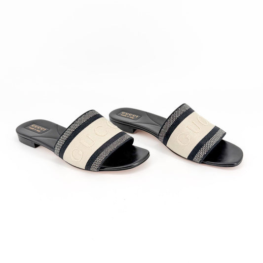 Gucci Jane Black & White Embroidered Slide Sandals Size 39