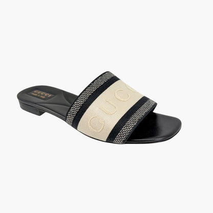 Gucci Jane Black & White Embroidered Slide Sandals Size 39