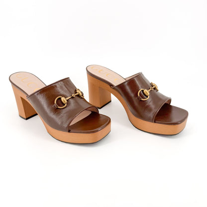 Gucci Houdan Horsebit Platform Mule Sandals in Brown Leather Size 40.5