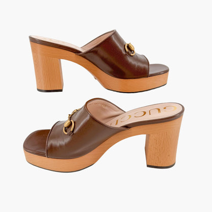 Gucci Houdan Horsebit Platform Mule Sandals in Brown Leather Size 40.5