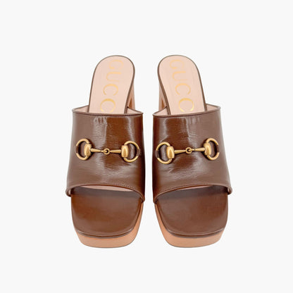 Gucci Houdan Horsebit Platform Mule Sandals in Brown Leather Size 40.5