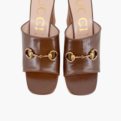 Gucci Houdan Horsebit Platform Mule Sandals in Brown Leather Size 40.5