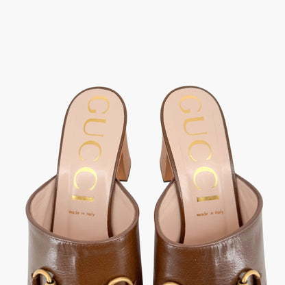 Gucci Houdan Horsebit Platform Mule Sandals in Brown Leather Size 40.5