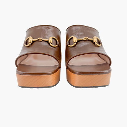 Gucci Houdan Horsebit Platform Mule Sandals in Brown Leather Size 40.5