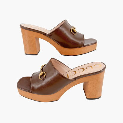 Gucci Houdan Horsebit Platform Mule Sandals in Brown Leather Size 40.5