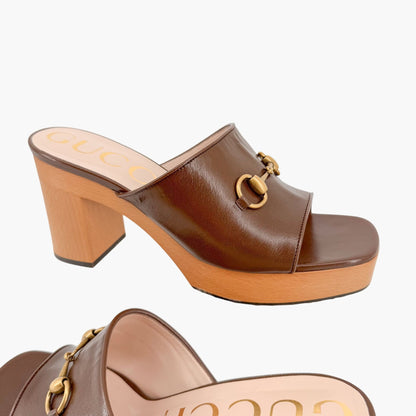 Gucci Houdan Horsebit Platform Mule Sandals in Brown Leather Size 40.5