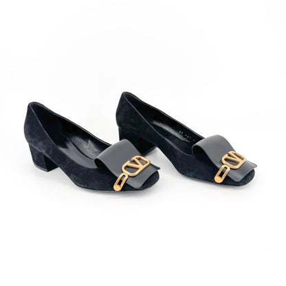 Valentino Garavani VLogo Block Heel Pumps Black Suede – Size 38.5