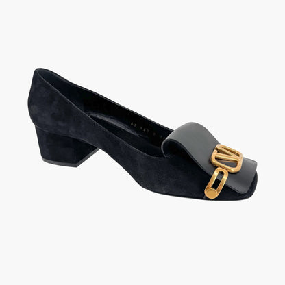 Valentino Garavani VLogo Block Heel Pumps Black Suede – Size 38.5