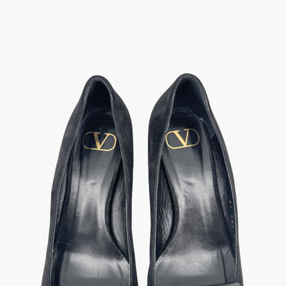 Valentino Garavani VLogo Block Heel Pumps Black Suede – Size 38.5