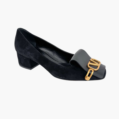 Valentino Garavani VLogo Block Heel Pumps Black Suede – Size 38.5