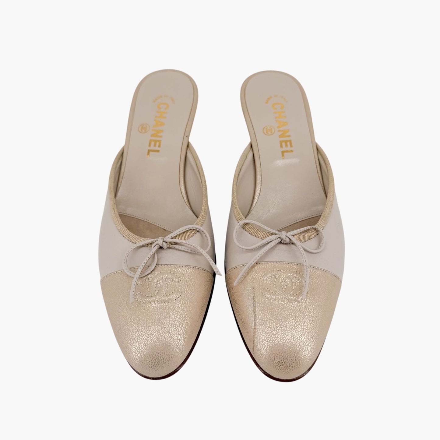 Vintage Chanel CC Cap Toe Mule Heels White Beige Size 39