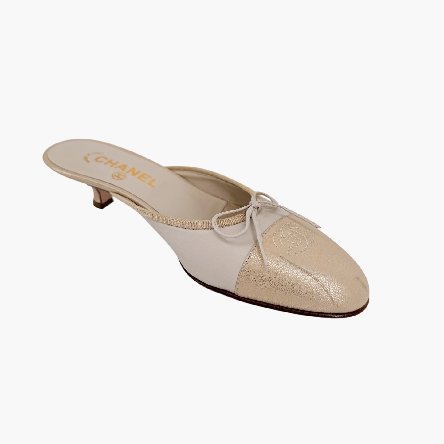 Vintage Chanel CC Cap Toe Mule Heels White Beige Size 39