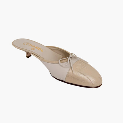 Vintage Chanel CC Cap Toe Mule Heels White Beige Size 39