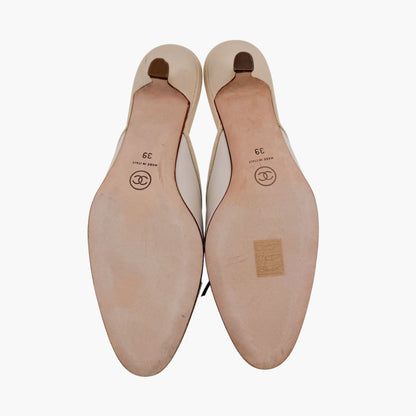Vintage Chanel CC Cap Toe Mule Heels White Beige Size 39